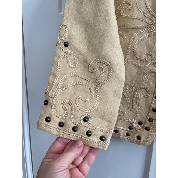 Linda Allard Ellen Tracy Tan Embroidered Studded Open Front Jacket Petite 4 - Picture 2 of 10